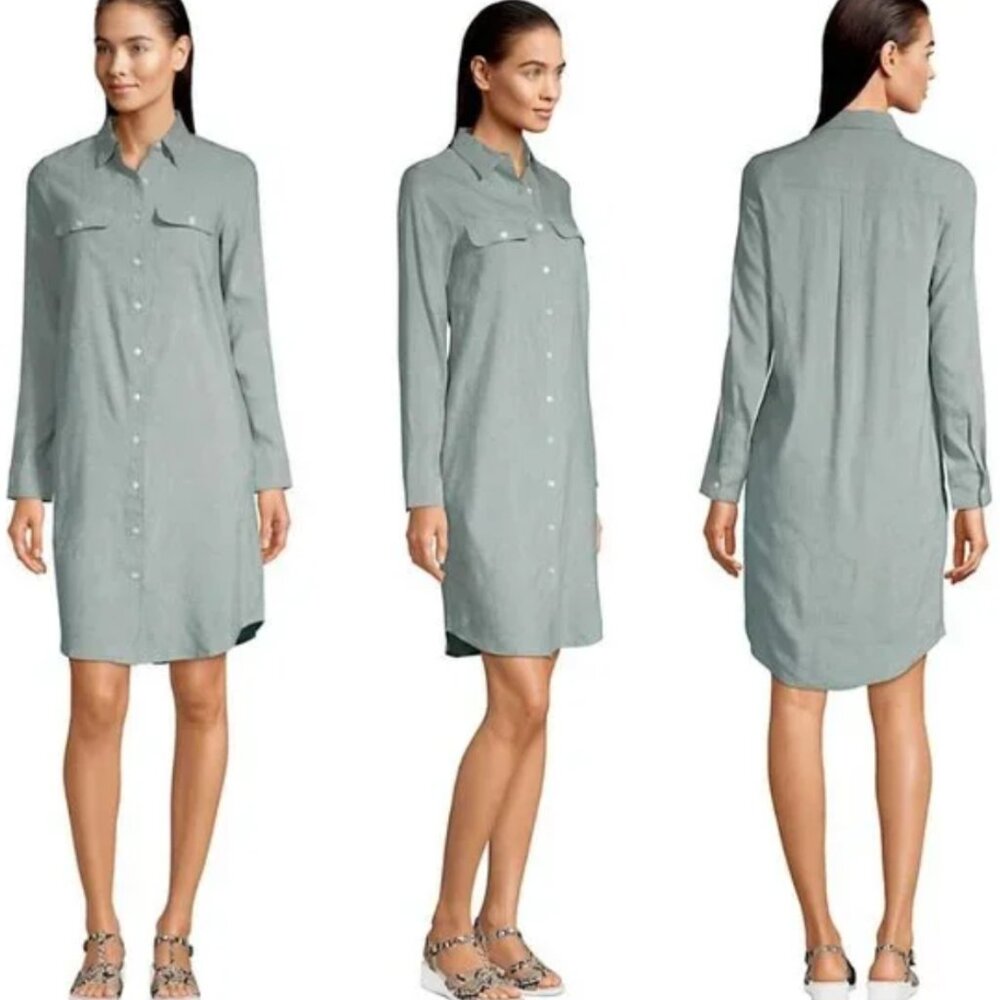 NWT Lands End Women 10 Linen Blend Long Sleeve Shirt Dress - Moss Green